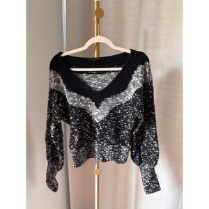 White House Black‎ Market Wool Alpaca Blend Chevron V Neck Sweater Black White M
